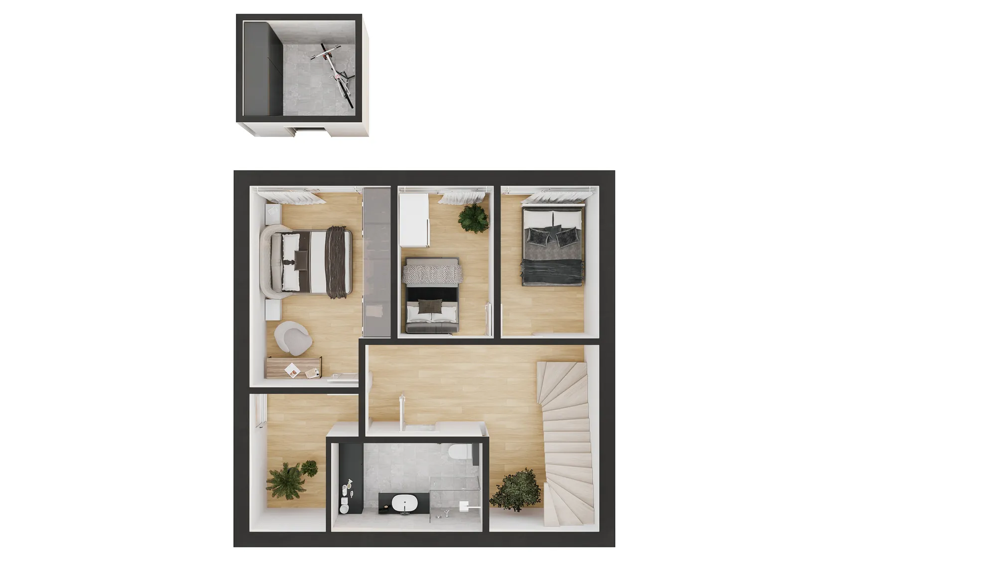3D floor plan of a residential floor, Norway