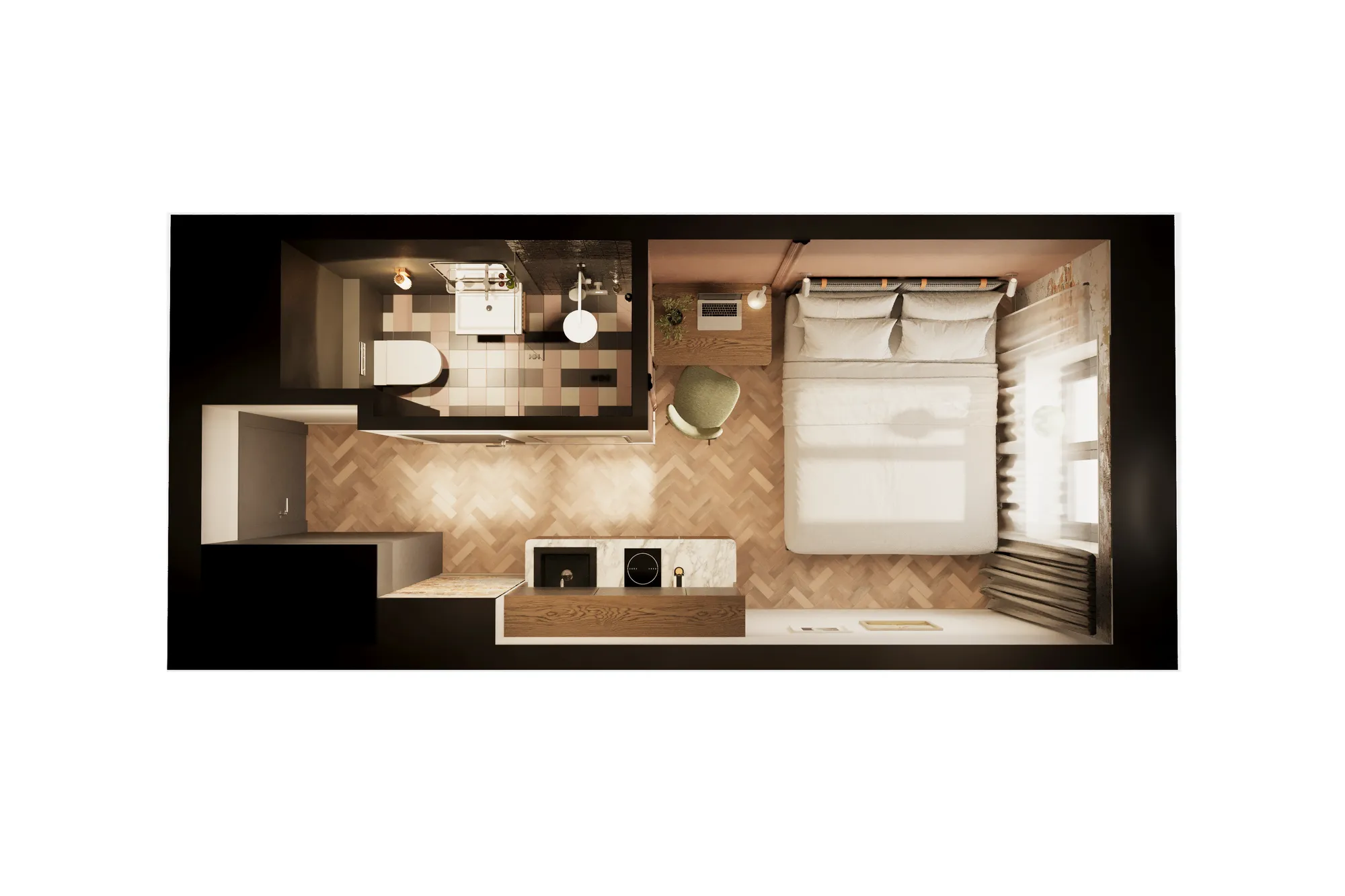 Valmis ülaltvaates 3D hotellitoa plaan sellisel kujul, nagu see tarnitakse, Eesti