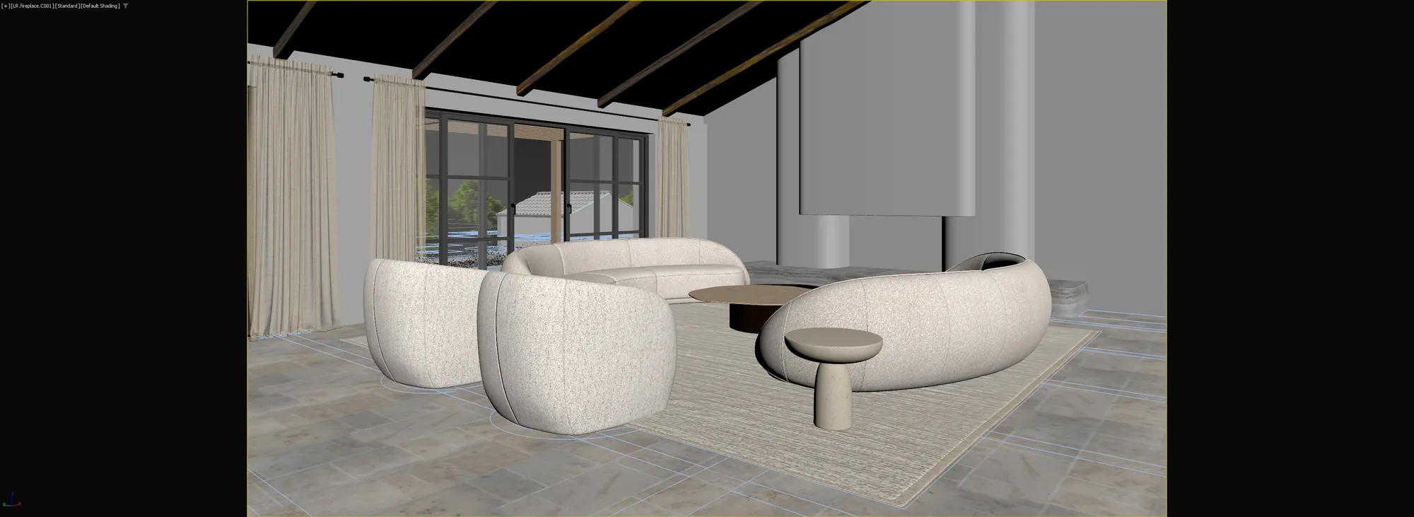 Clay model of a living room and fireplace, the stage where camera and layout are agreed
