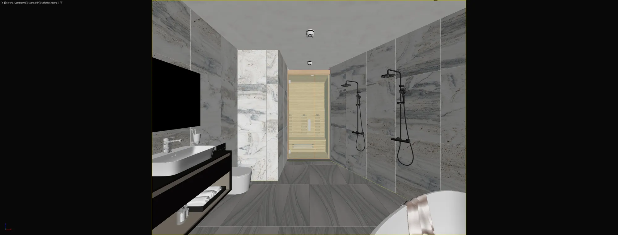 3D viewport model of a bathroom with a vanity, a walk-in shower and a sauna door, before final lighting and rendering, Estonia