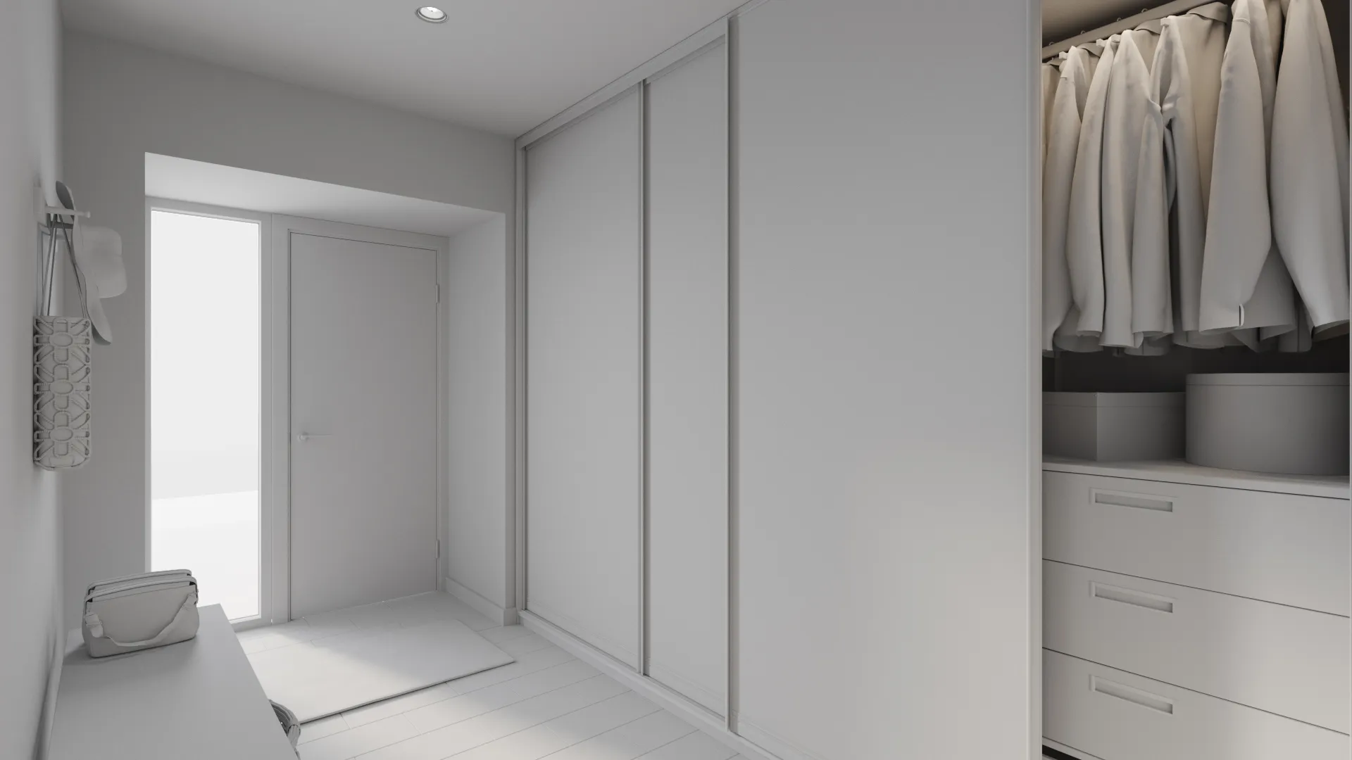 Clay model of an apartment entrance hall before any materials are applied