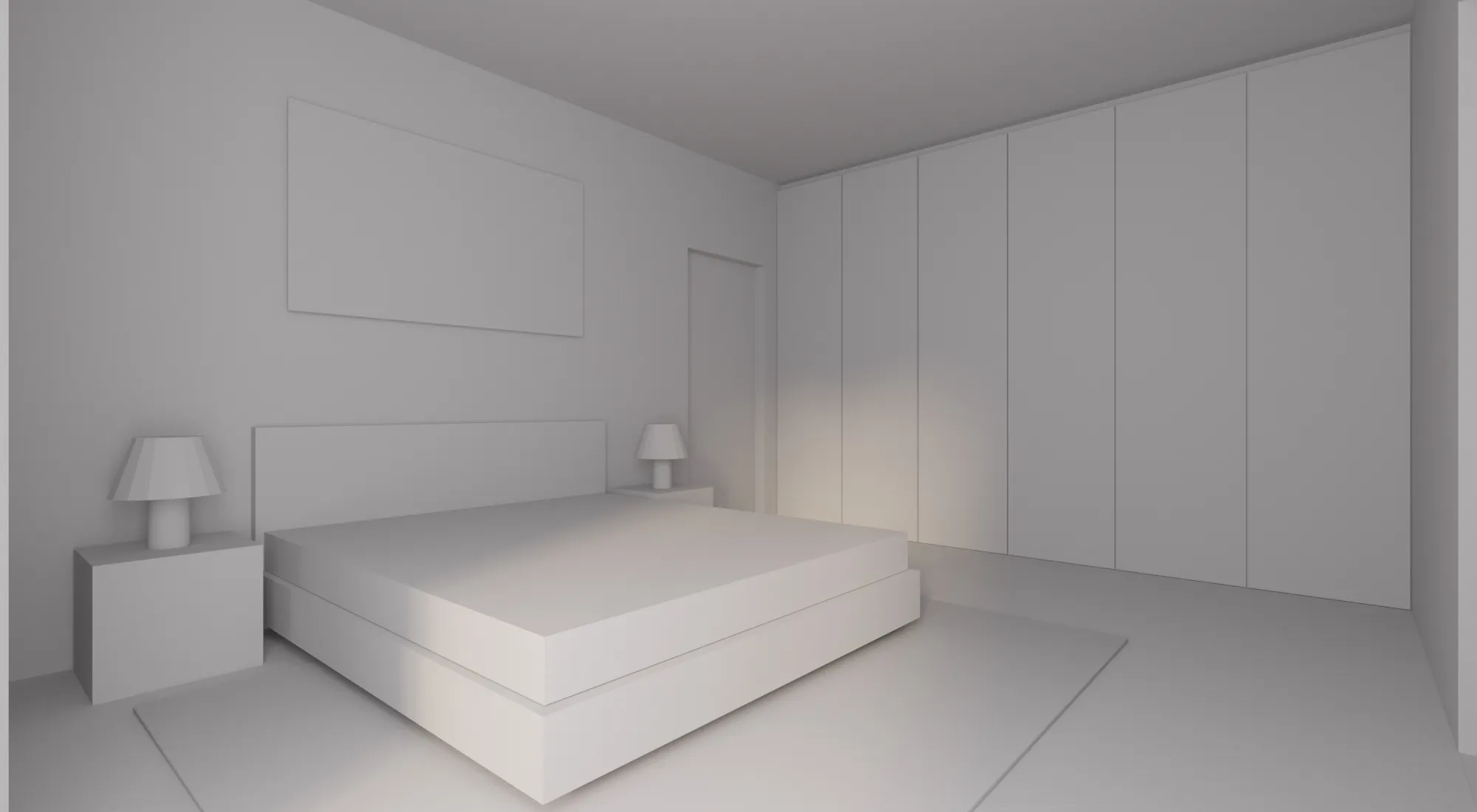 Modelo gris sin texturizar de un dormitorio con cama, lámparas de noche y una pared de armario, sin materiales ni luz, Finlandia