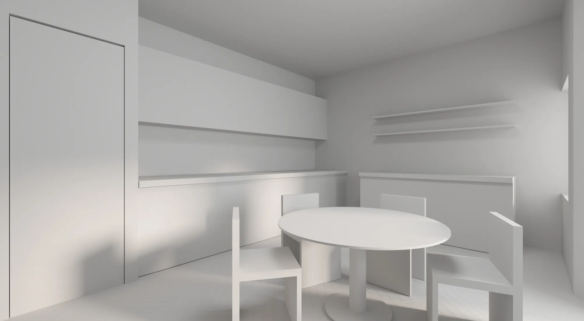 Grey clay model of a kitchen and dining space, no materials or light