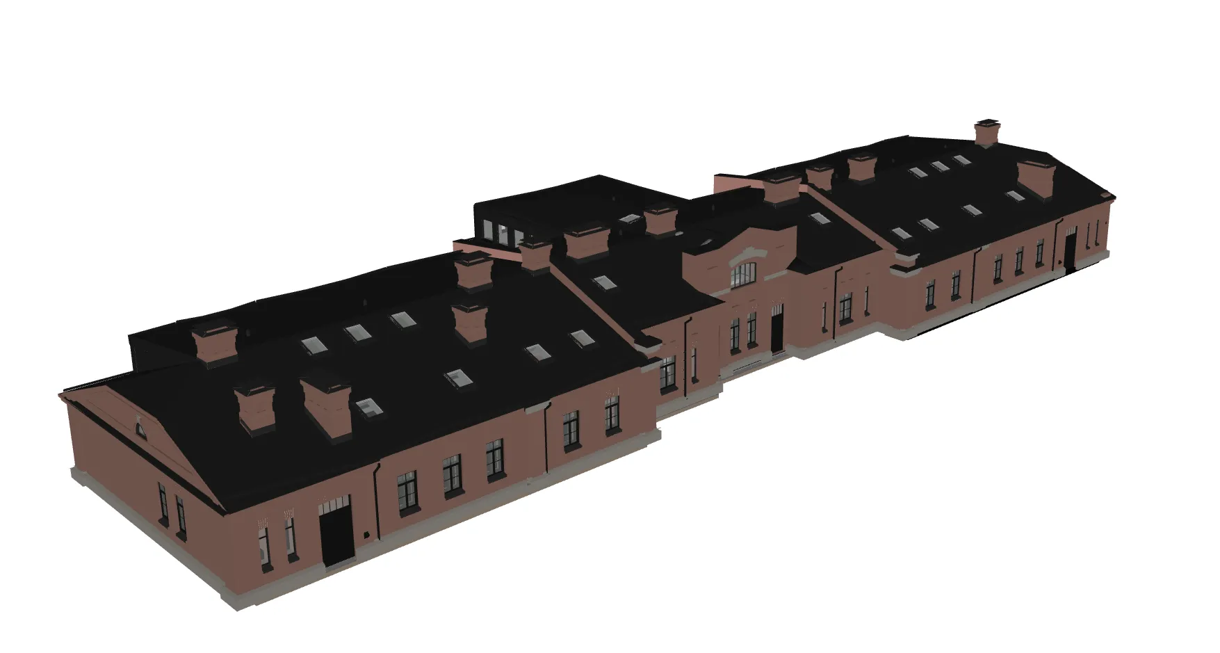 Untextured model of a residential scheme, the geometry every later image is cut from