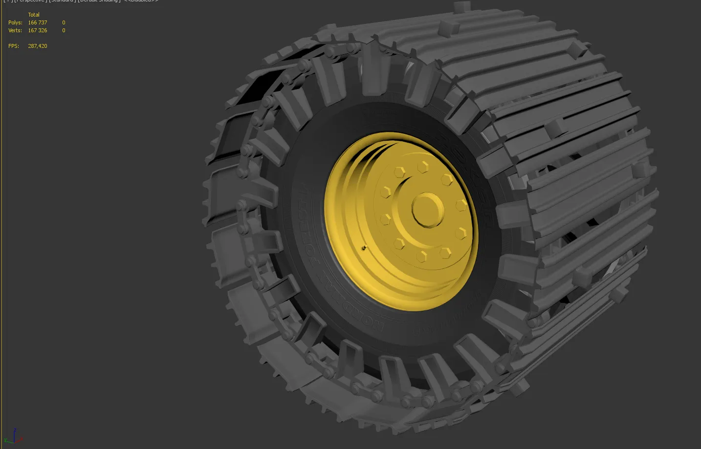 3D viewport screenshot of a tractor tire and snow chain model showing the polygon count in the corner