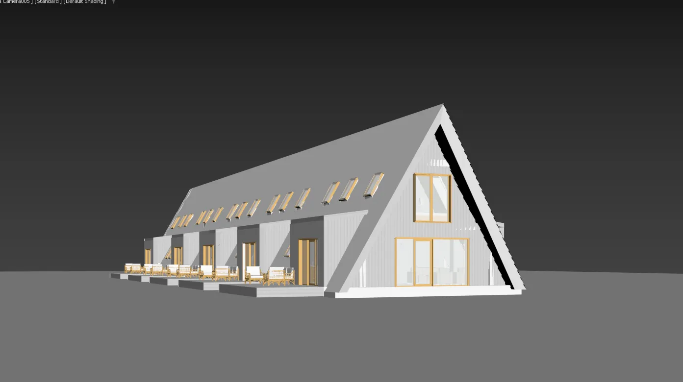 Untextured 3D model of an A-frame timber lodge shown as a plain grey clay model, before materials and lighting are added