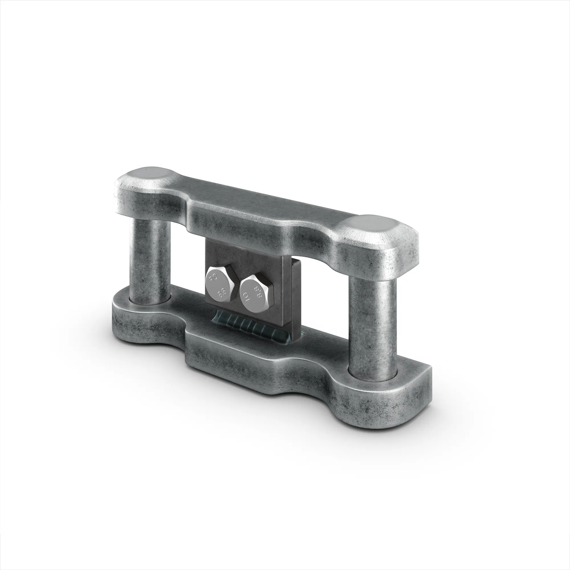 3D product rendering of a galvanised steel chain-link hardware assembly with hex bolts, on a plain background