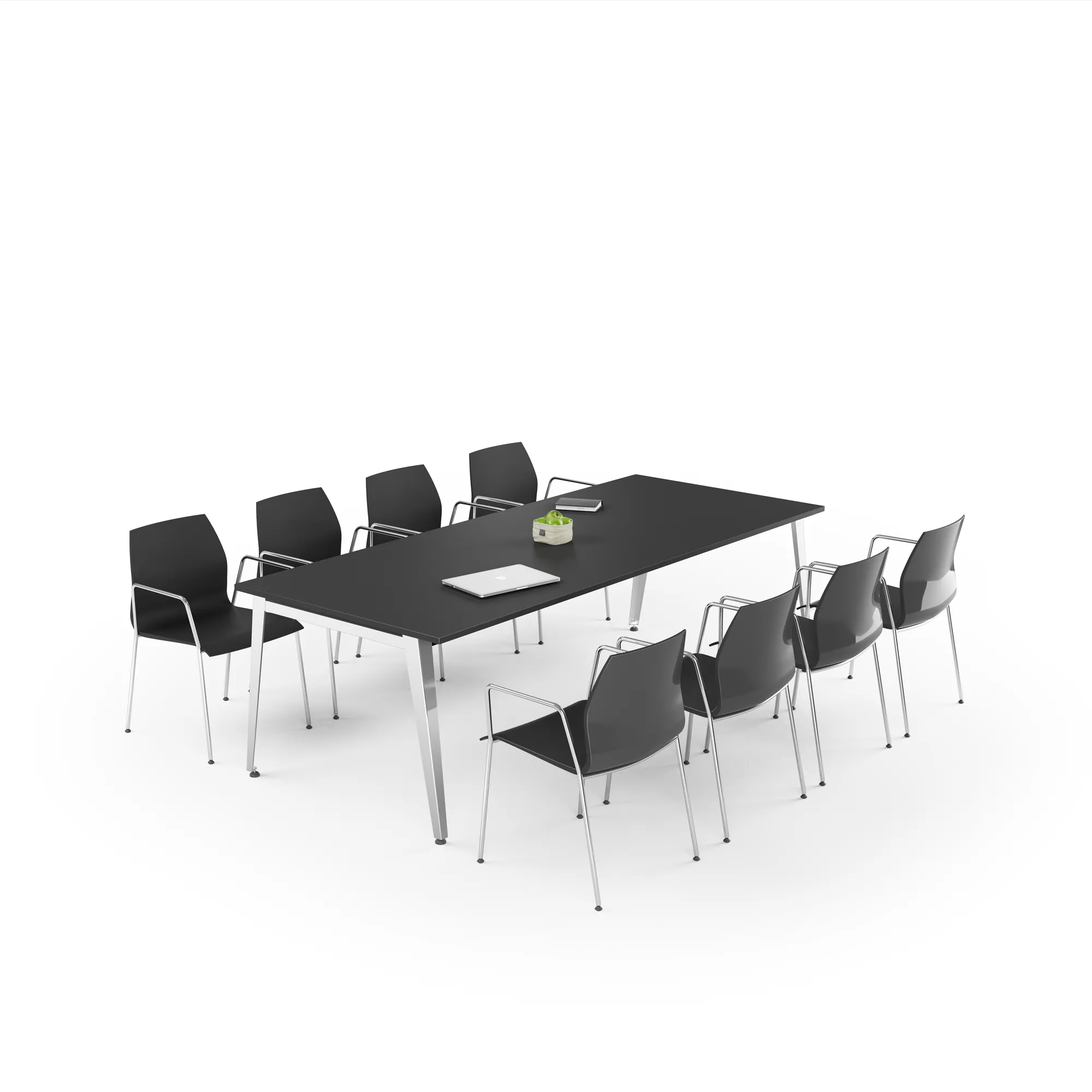 3D product rendering of a black meeting table with eight stacking chairs, a laptop and a bowl of fruit on the tabletop, on a plain background