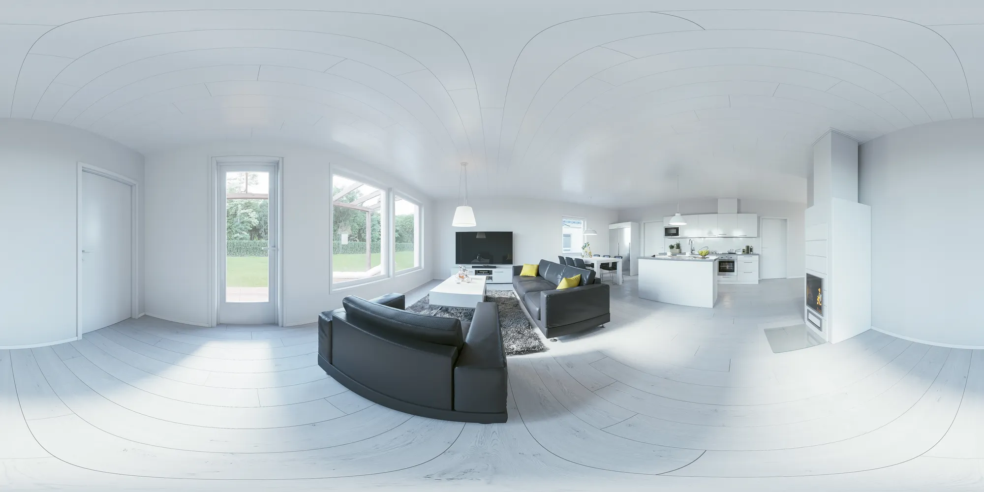 Rendered 360 panorama of a white open-plan living room and kitchen with dark sofas and a fireplace, shown flat, Finland