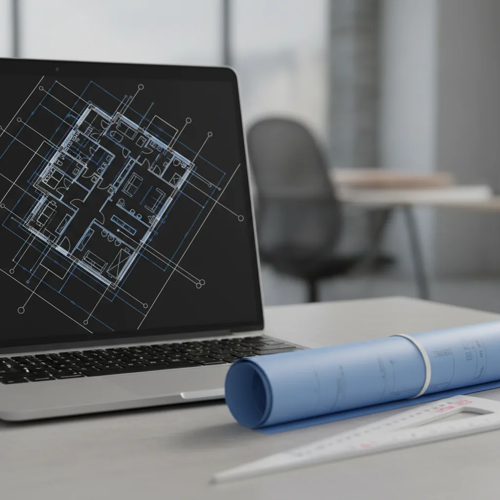 CAD floor-plan drawings open on a laptop at the brief stage