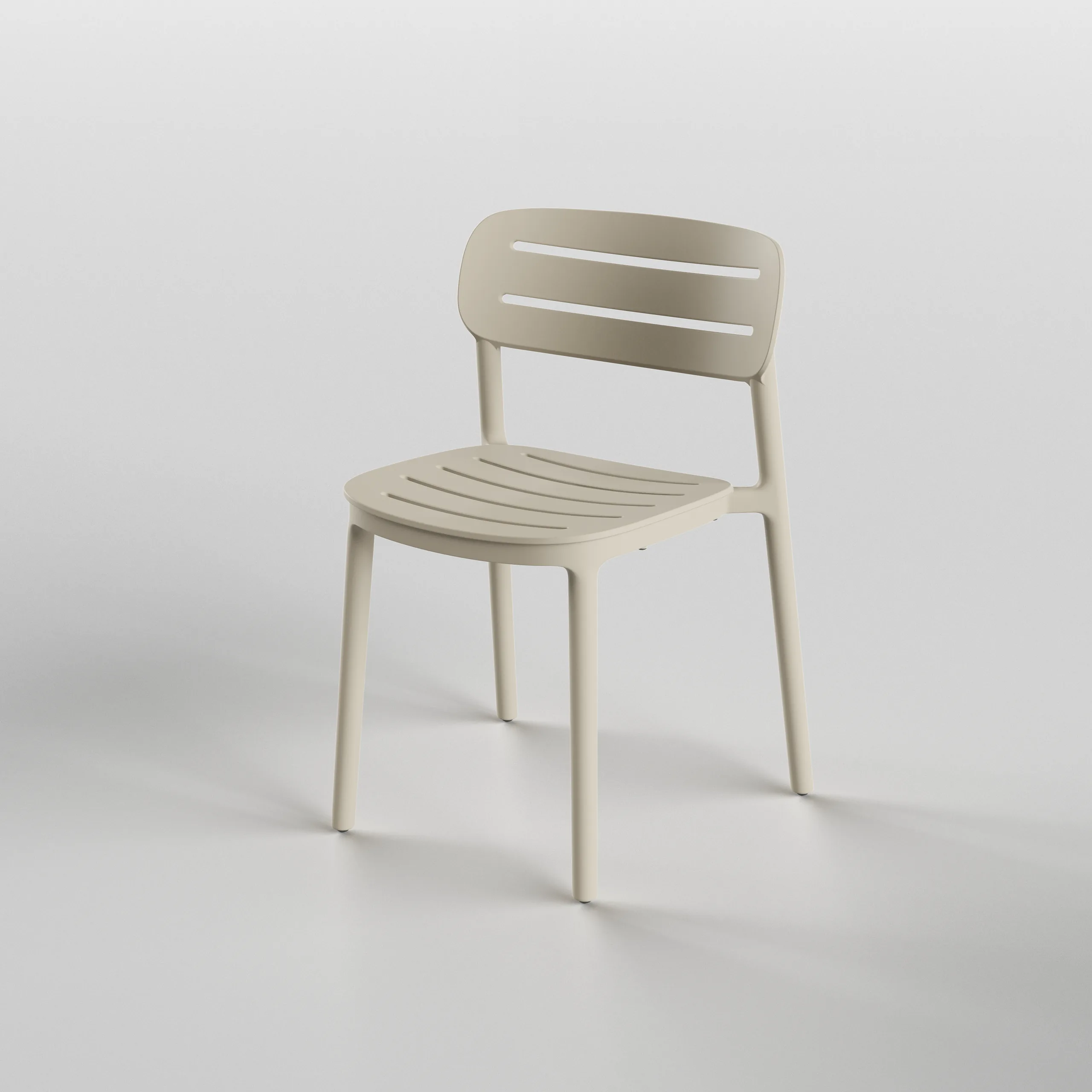 3D product rendering of a cream slatted armless dining chair, three-quarter angle, on a plain studio background