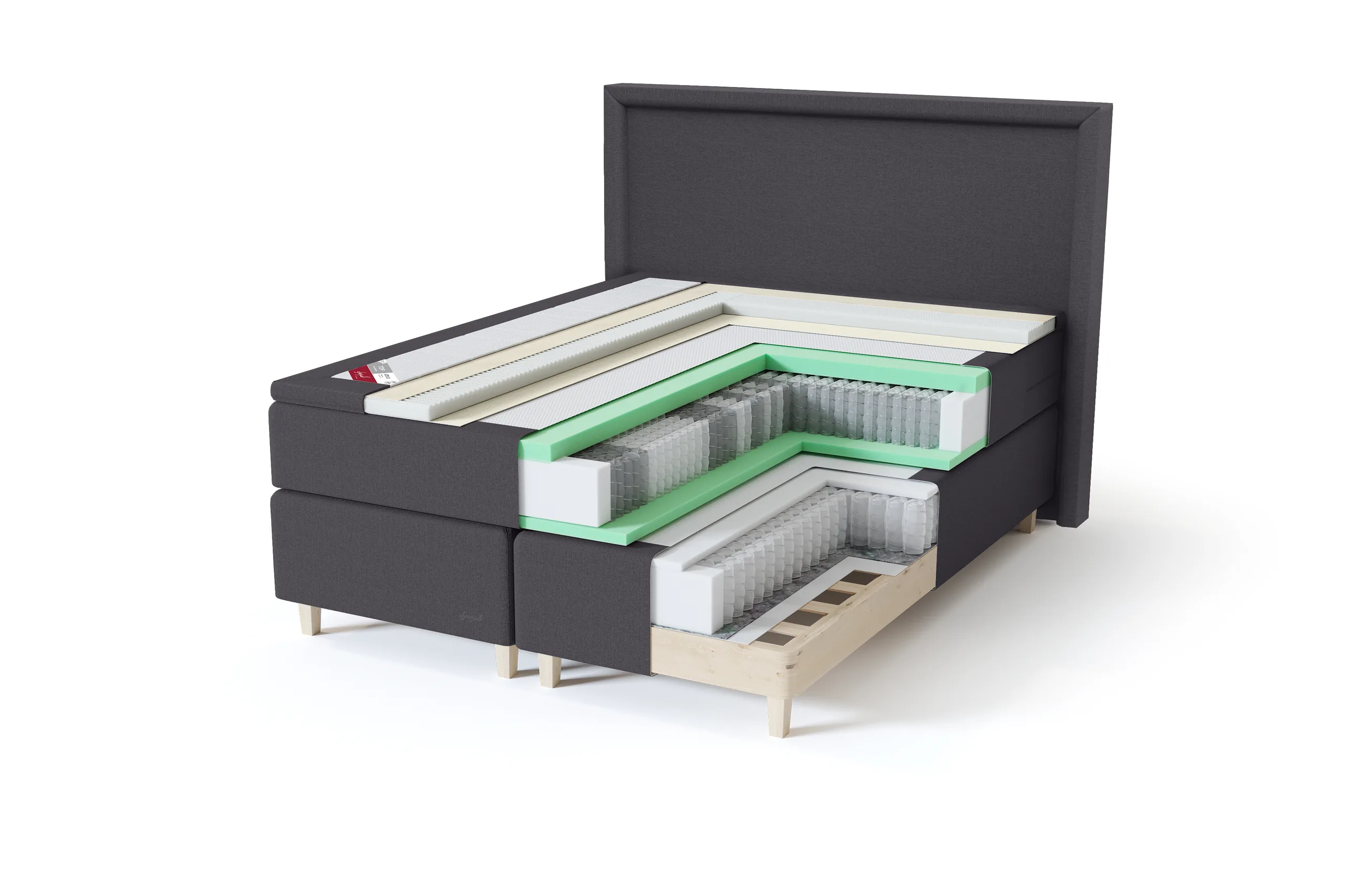 Cutaway rendering of a boxspring bed corner showing the layered pocket-spring mattress construction above a slatted wooden base, black upholstered frame