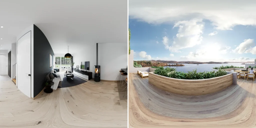 Two 360-degree panorama renders, a living room with a wood stove and a rooftop terrace by a lake. Estonia and Norway.