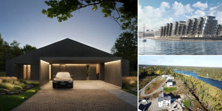 Três renderizações exteriores de diferentes posições de câmera: uma casa escura com uma entrada coberta ao anoitecer, apartamentos à beira-mar vistos da água e uma vista aérea de casas costeiras em um promontório, Estônia e Suécia.
