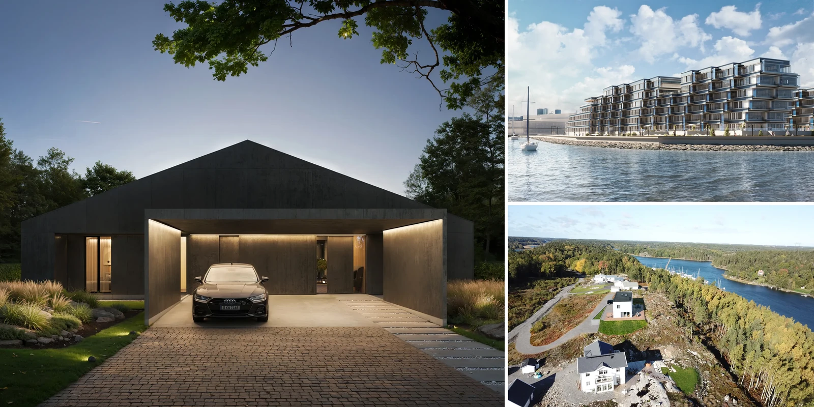 Three exterior renderings from different camera positions: a dark house with a covered driveway at dusk, waterfront apartments seen from the water and an aerial view of coastal houses on a headland, Estonia and Sweden.