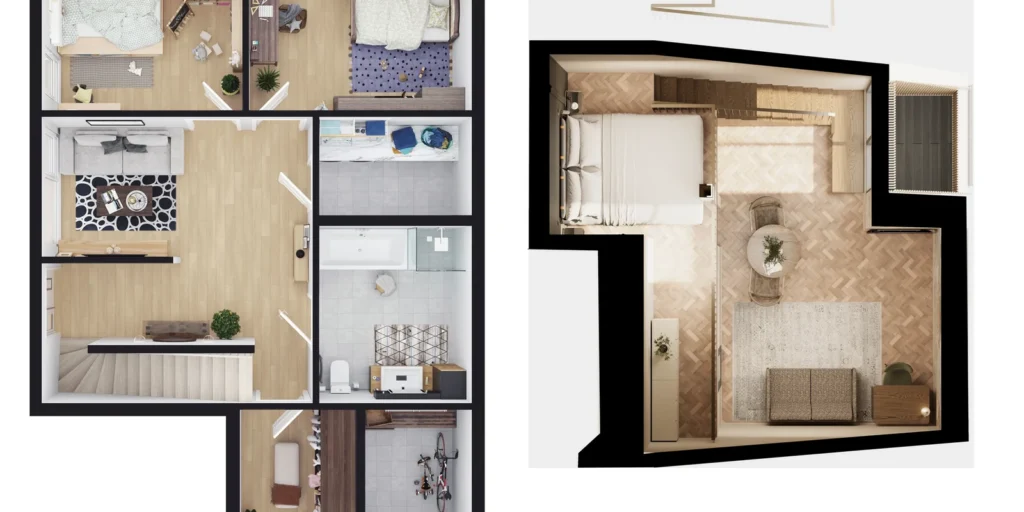 Dos planos de planta 3D vistos desde arriba, una casa familiar y una unidad de una sola habitación, con muebles dibujados a tamaño real. Noruega y Estonia.