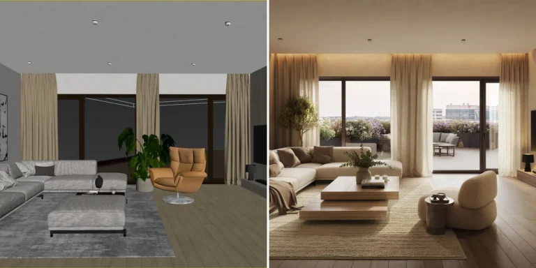 An untextured grey 3D model of a living room with a corner sofa and a large window next to the finished render of the same room, Estonia