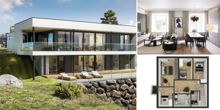 An exterior render of a house with a terrace, an interior render of a living and dining room and a 3D floor plan of a family house, Norway and Estonia.