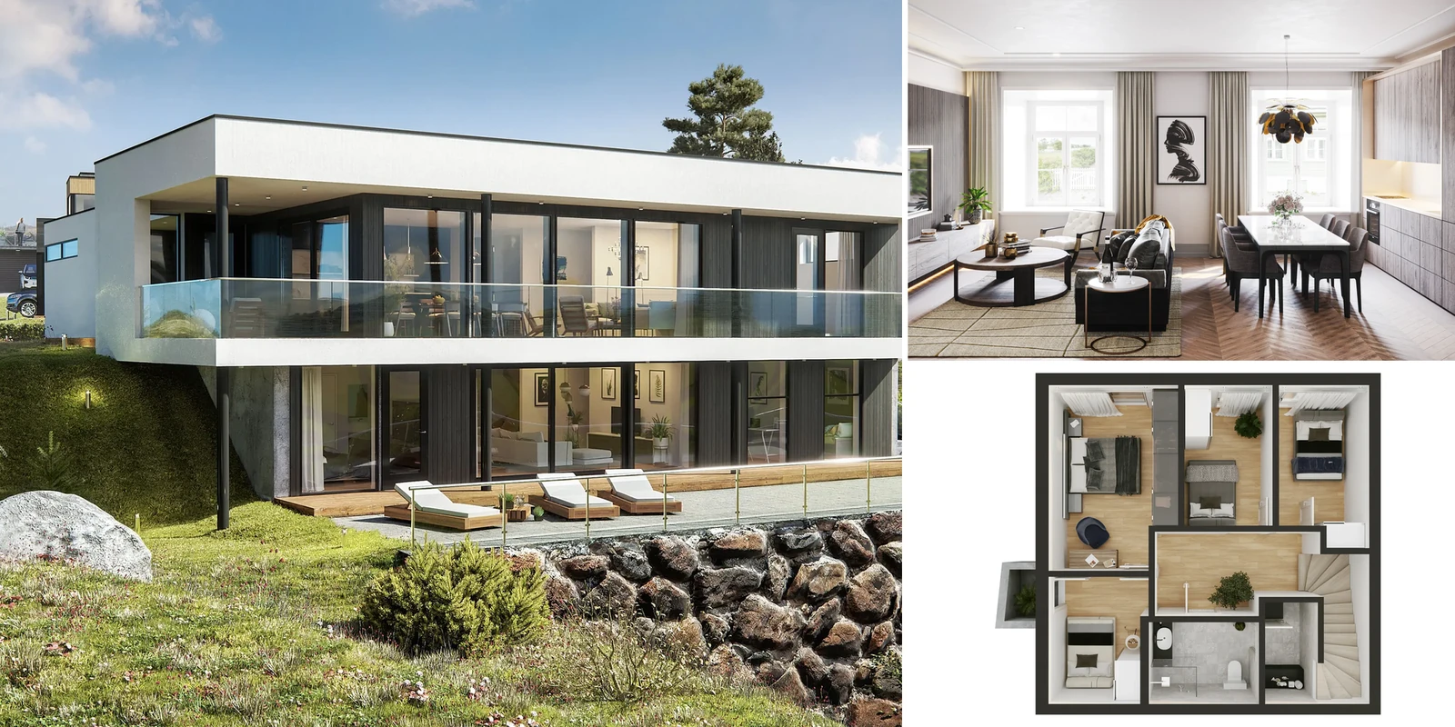 An exterior render of a house with a terrace, an interior render of a living and dining room and a 3D floor plan of a family house, Norway and Estonia.