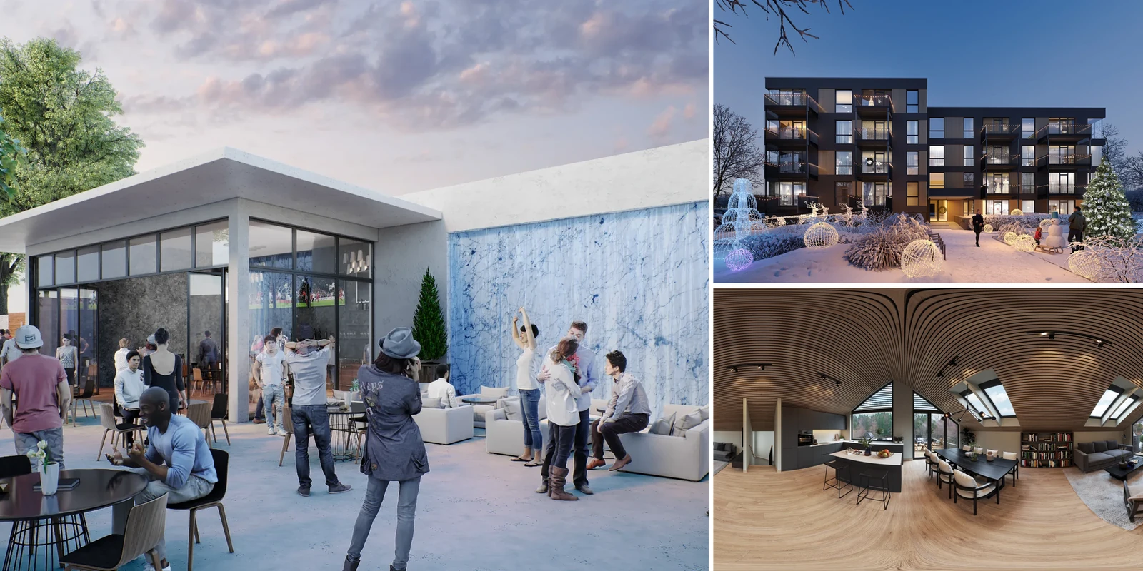A lived-in terrace at dusk, a winter apartment scene from an animation and a 360 panorama of an open-plan living space, the USA, Estonia and Norway.