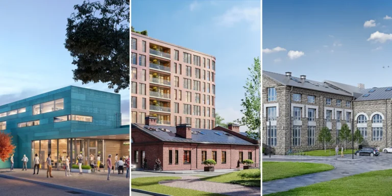 Three architectural renderings of different building types: a community building on a street, a new apartment block behind historic brick buildings and a restored limestone industrial building, Estonia.