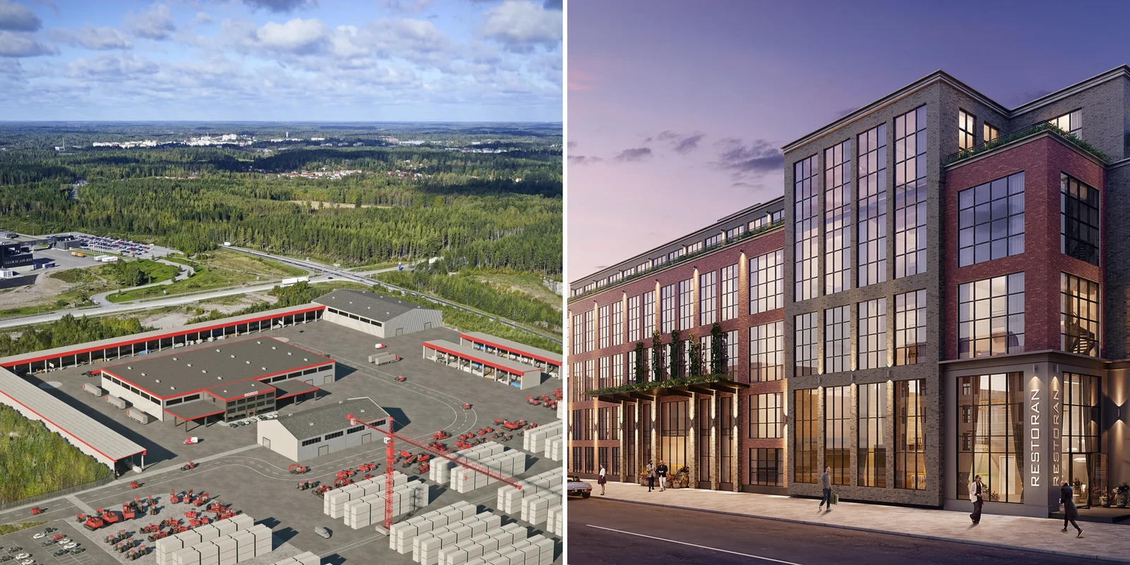 A rendered aerial view of a logistics yard beside a forest and a rendered street view of a brick building at dusk, both frames from animations. Finland and Estonia.
