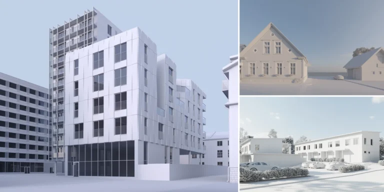 Three untextured grey 3D architectural models: a mid-rise apartment building on a city street, two gabled town houses and a row of low townhouses in snow, Estonia and Finland