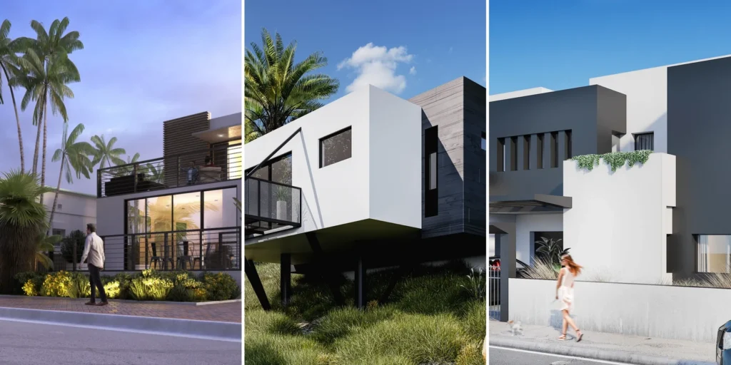 Three exterior renders of coastal-style buildings, a beach house at dusk in Florida, USA, a cantilevered house on a hillside and an apartment block entrance in Spain.
