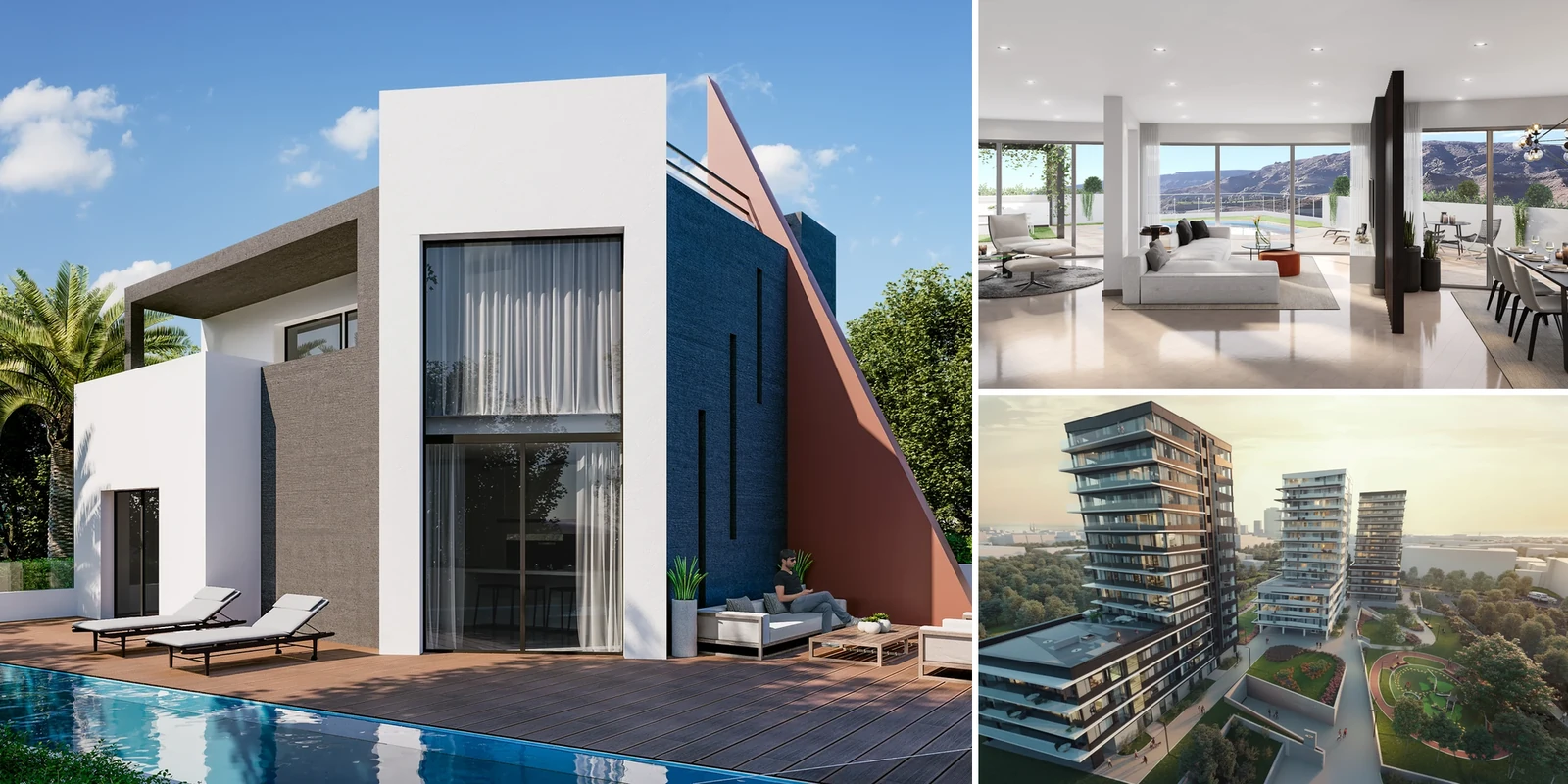 A villa with a pool terrace, a living room with a sea view and an aerial view of residential towers at dusk, Spain and Estonia.
