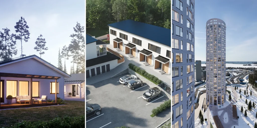 A single-storey house among pines at dusk, an aerial view of terraced apartments at the forest edge and a cylindrical residential tower in winter, Finland.