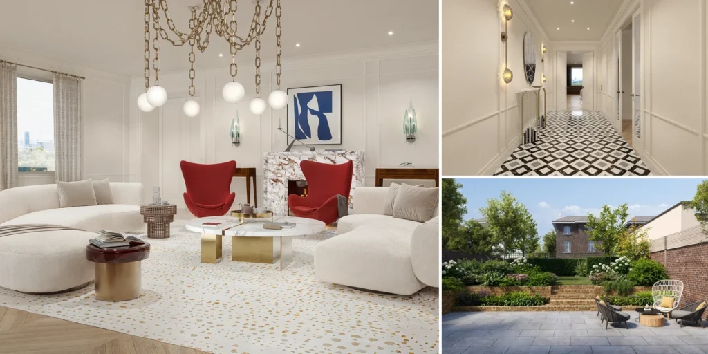 Una sala de estar de Londres con sillones rojos, un vestíbulo de Londres con suelo estampado y una terraza jardín amurallada, Reino Unido.