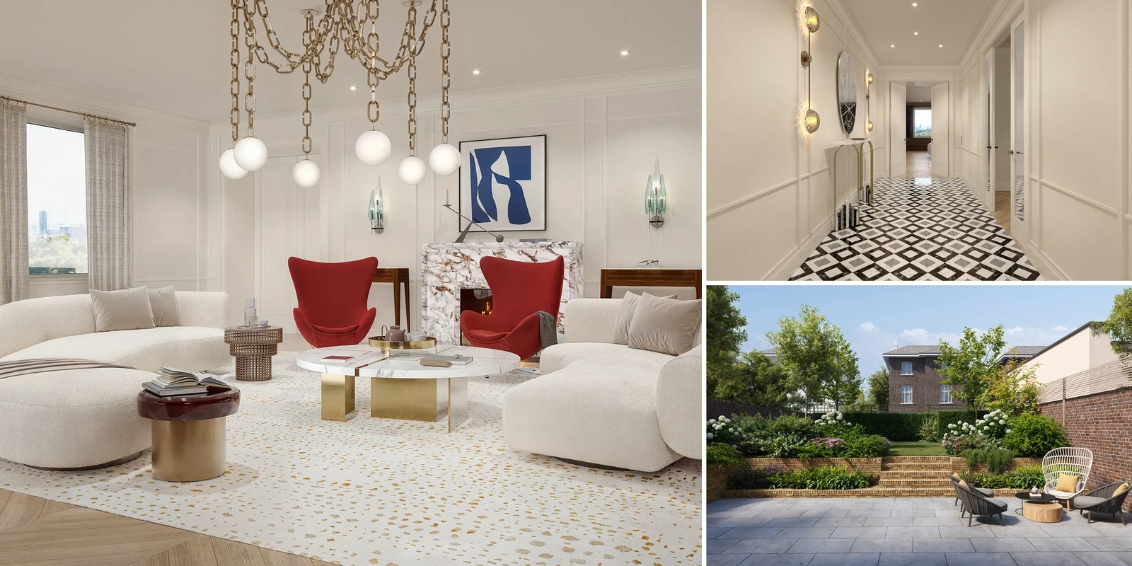 A London living room with red armchairs, a London entrance hall with a patterned floor and a walled garden terrace, UK.