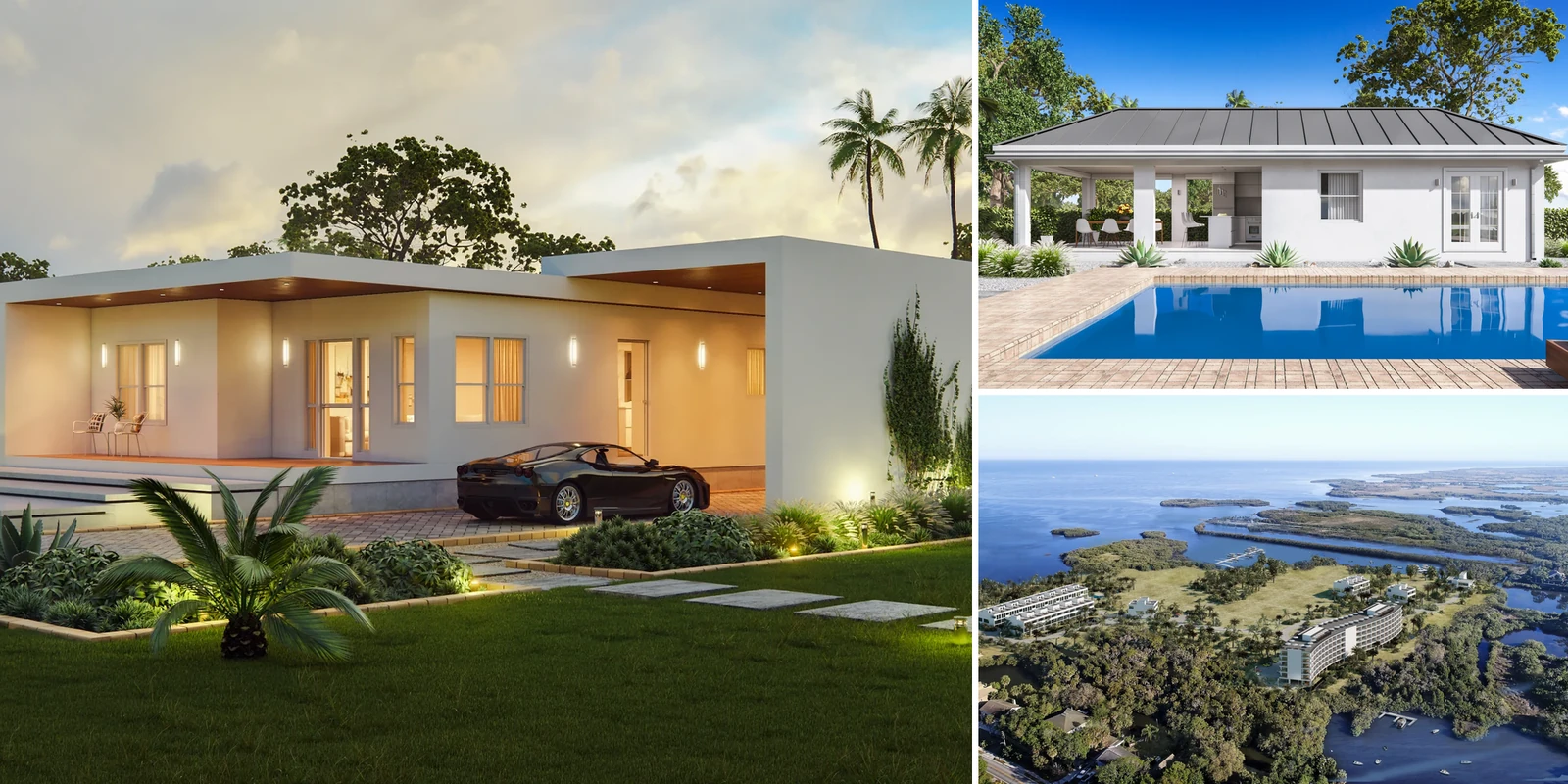 A courtyard house at dusk, a pool house and an aerial view of a coastal development, USA.