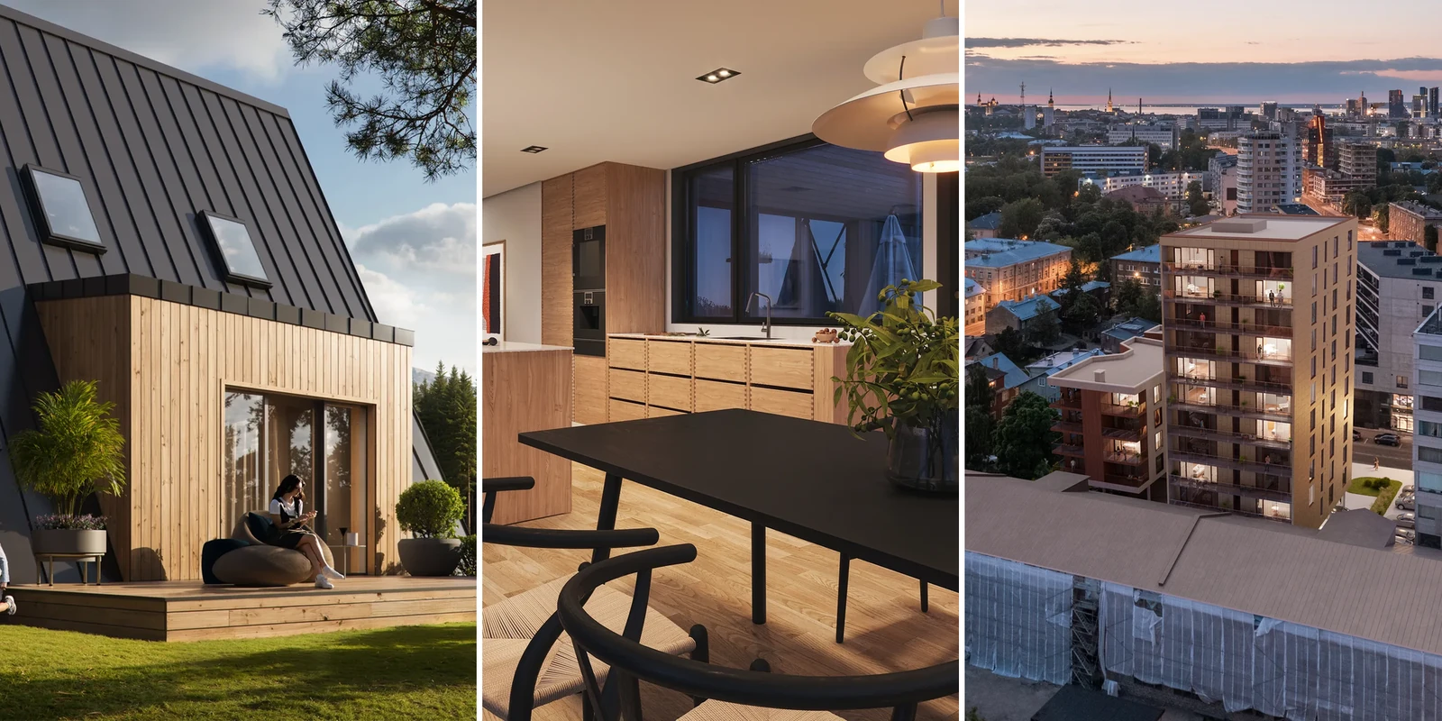 An exterior render of a metal-clad house with a family on the lawn, an interior render of a kitchen and an aerial view of city apartments at dusk, Estonia and Norway.