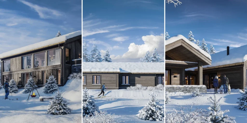 3D exterior renderings of a dark modern house on a snowy slope and 2 timber cabins in snow, Norway