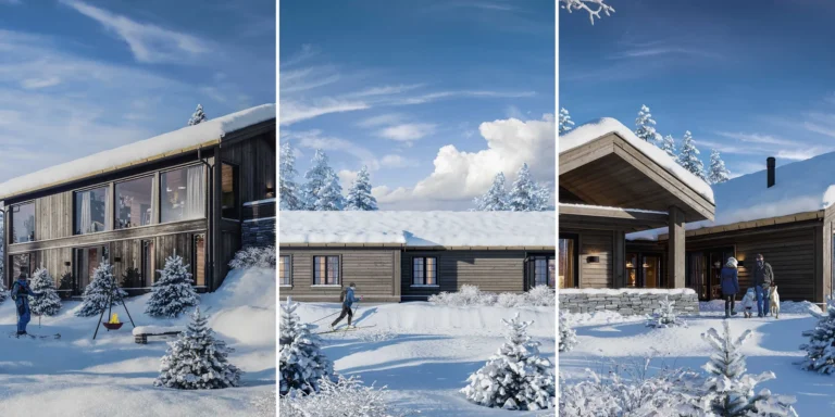 3D exterior renderings of a dark modern house on a snowy slope and 2 timber cabins in snow, Norway