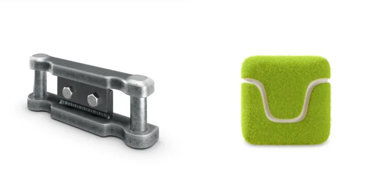 A 3D rendering of a machined steel clamp with two bolts next to a soft green rounded cushion, Estonia