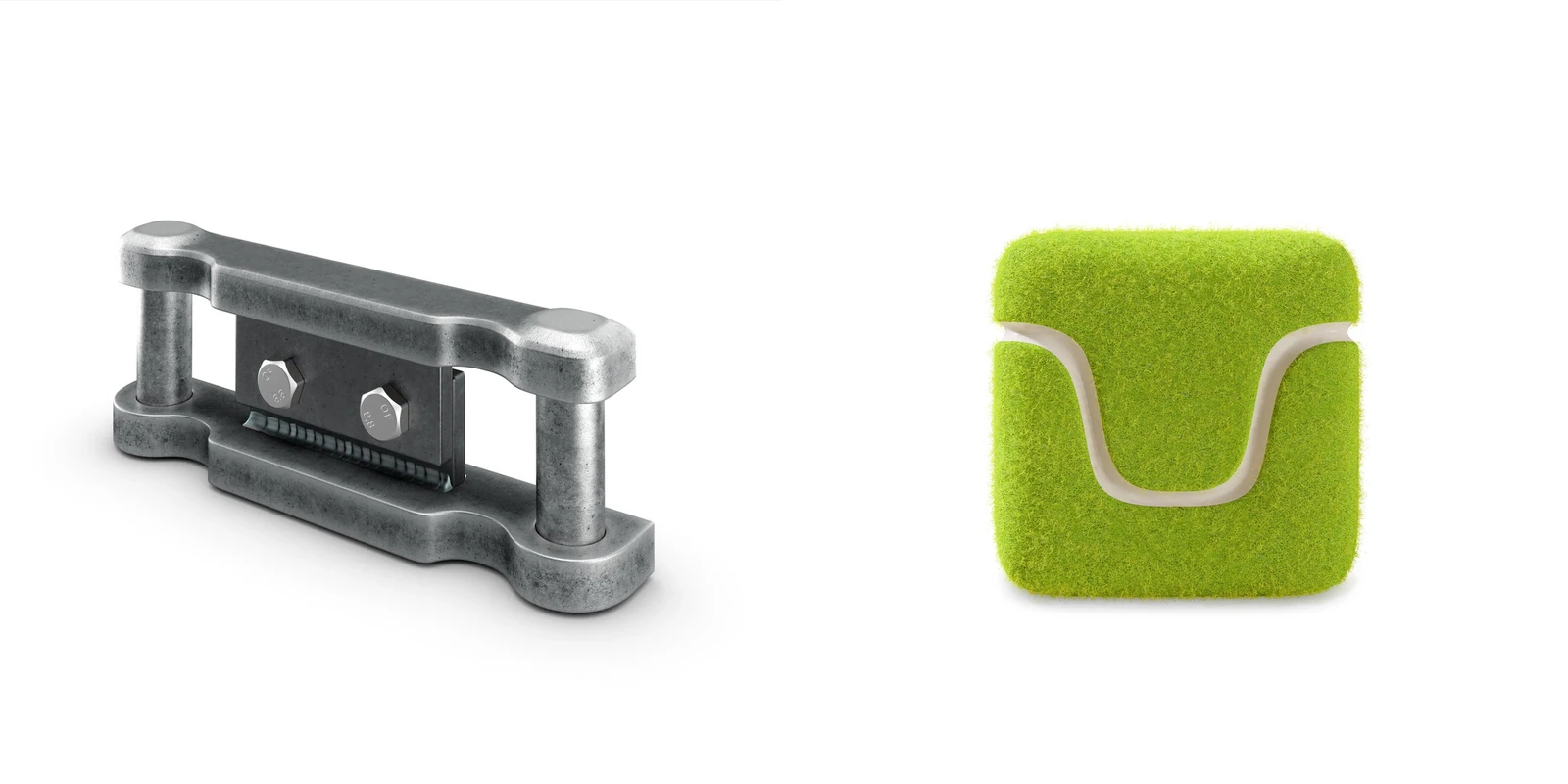 A 3D rendering of a machined steel clamp with two bolts next to a soft green rounded cushion, Estonia