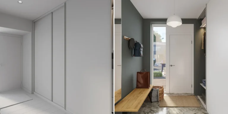 An untextured grey 3D model of a hallway with wardrobes and a bench next to the finished render of the same view, Sweden