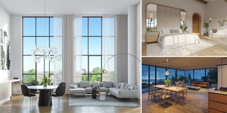 Três renderizações interiores: uma área de estar e cozinha com janelas altas, um quarto e uma sala de jantar e estar com vista para o lago ao anoitecer, Estônia, França e Noruega.