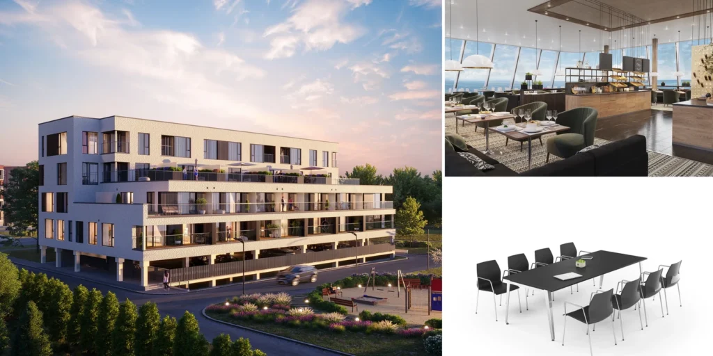 Un exterior de edificio de apartamentos, un interior de restaurante con vistas al mar y un render de producto de mesa de reuniones, Estonia.