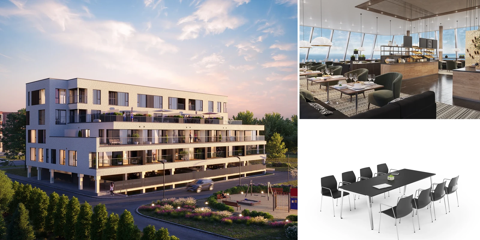 An apartment building exterior, a restaurant interior with a sea view and a meeting table product render, Estonia.