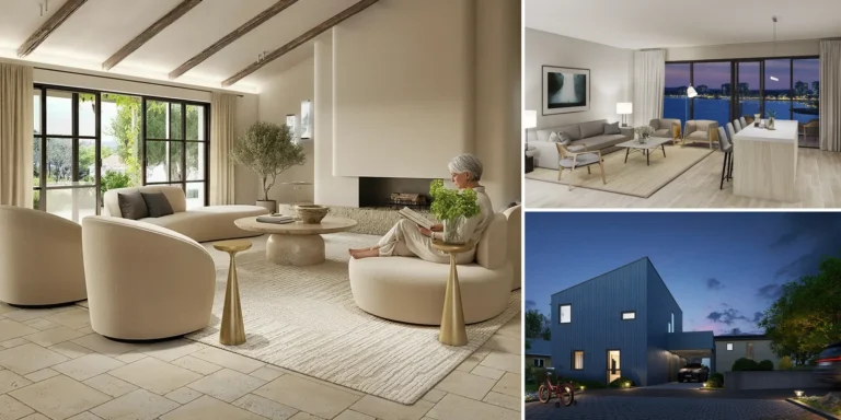 Three photorealistic renderings: a living room with soft daylight, a lakeside living room at dusk and a house at dusk, France, Canada and Norway.