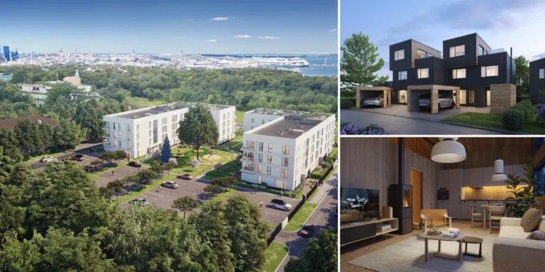 Uma vista aérea de um novo bloco de apartamentos com a cidade ao fundo, uma moradia moderna com dois carros e uma sala de estar de madeira com uma lareira a lenha, tudo renderizado antes da construção. Estônia e Noruega.