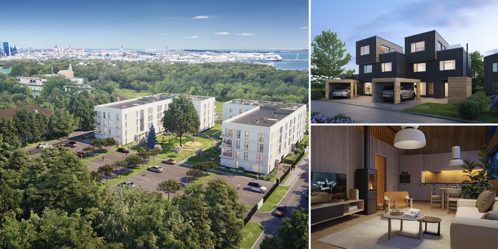 An aerial view of a new apartment block with the city behind it, a modern townhouse with two cars and a timber living room with a wood stove, all rendered before construction. Estonia and Norway.