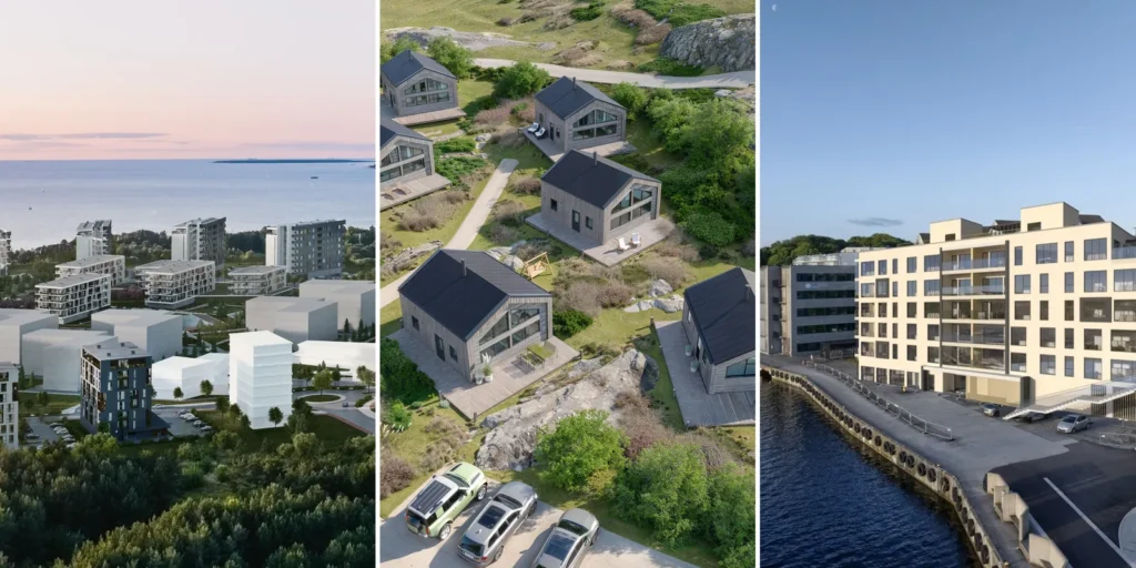 Three aerial site views showing building layout, roads and landscape: coastal apartment blocks, a cabin village with access roads and an apartment building on a harbour front, Estonia and Norway.