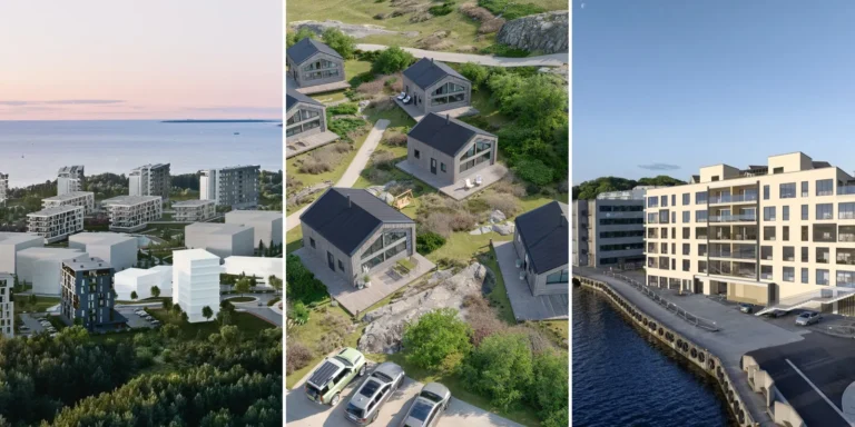 Three aerial site views showing building layout, roads and landscape: coastal apartment blocks, a cabin village with access roads and an apartment building on a harbour front, Estonia and Norway.