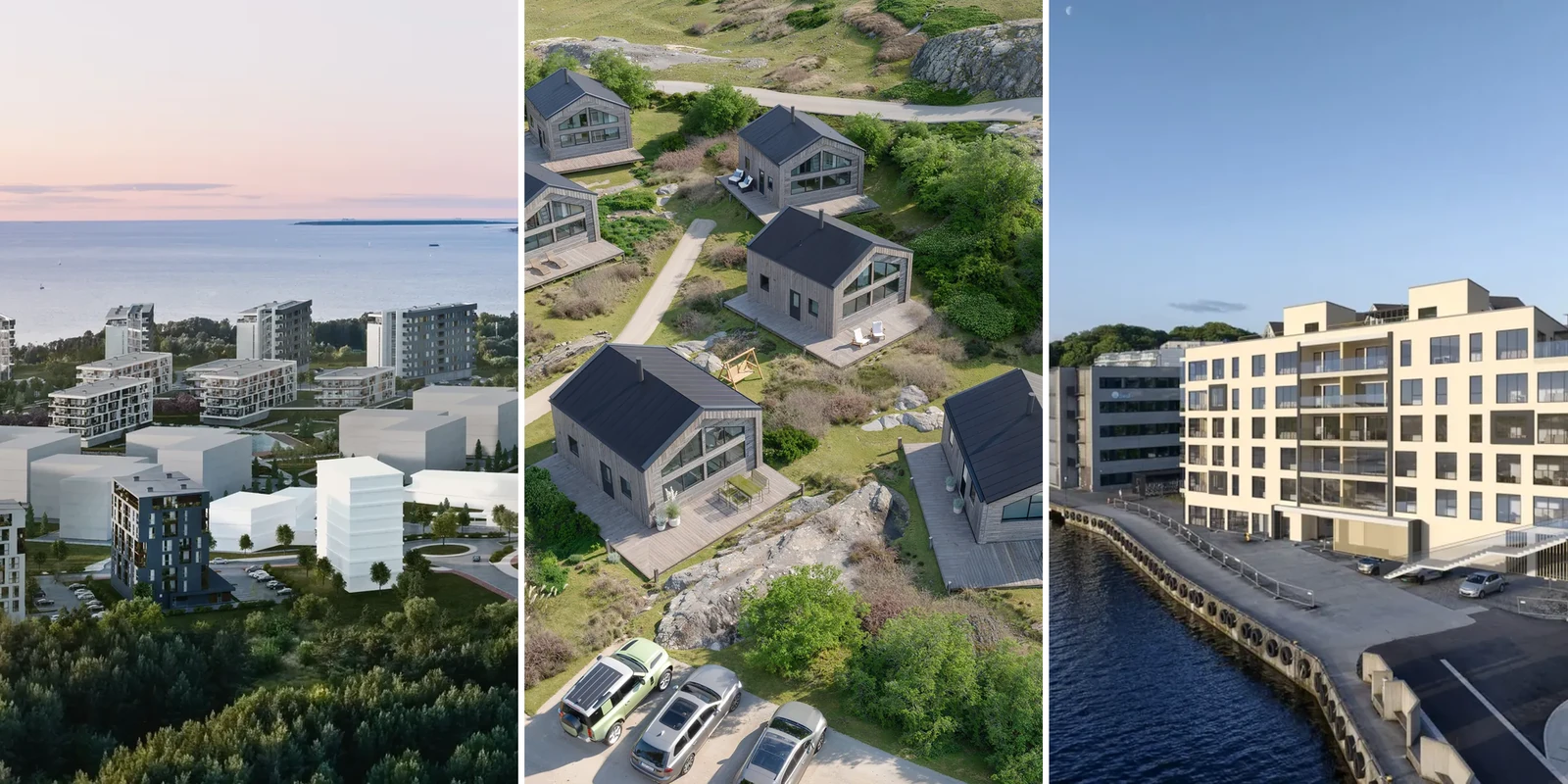 Three aerial site views showing building layout, roads and landscape: coastal apartment blocks, a cabin village with access roads and an apartment building on a harbour front, Estonia and Norway.
