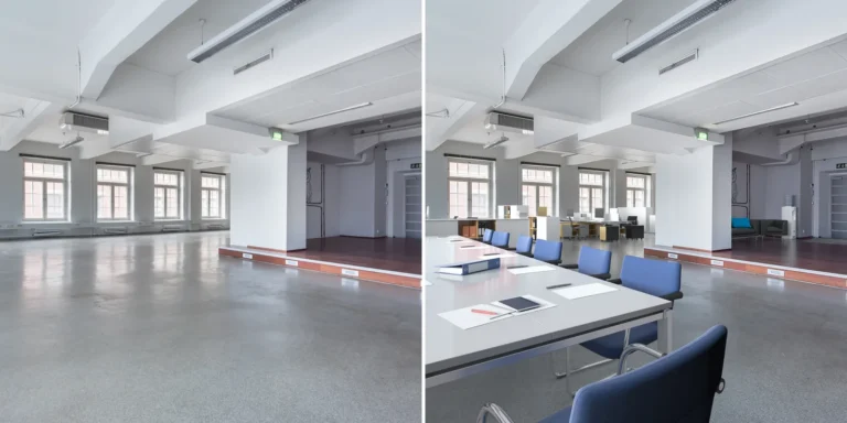 Um cômodo vazio de plano aberto com piso de concreto e a mesma vista com mesas, cadeiras e plantas adicionadas digitalmente. Finlândia.