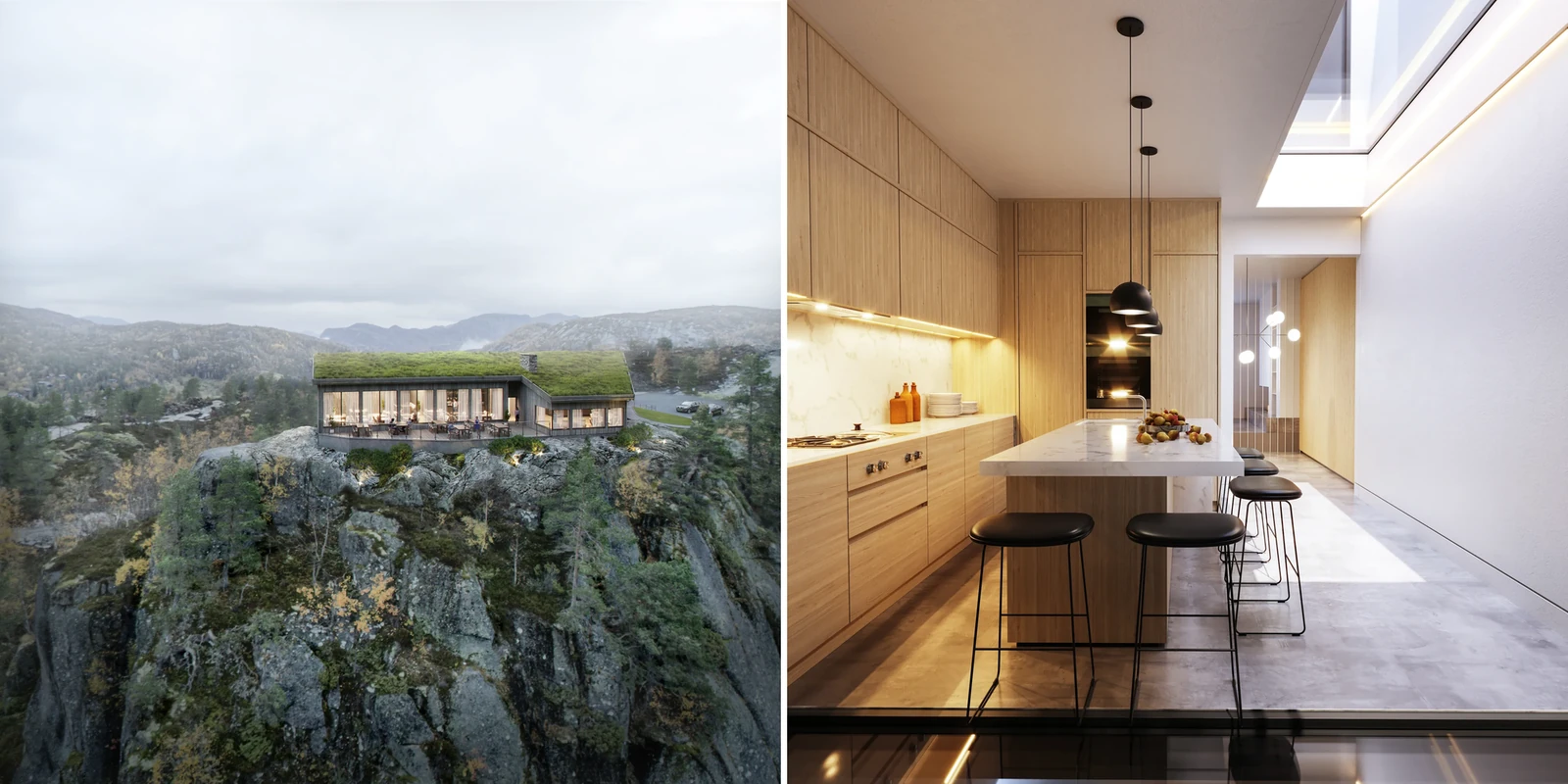 A rendered aerial view of a restaurant building on a rocky cliff in the mountains and an eye-level view of a kitchen with an island and a skylight. Norway and UK.
